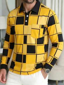 Men's Casual Pocket Long Sleeve Polo Shirt - Multicolor - View 4
