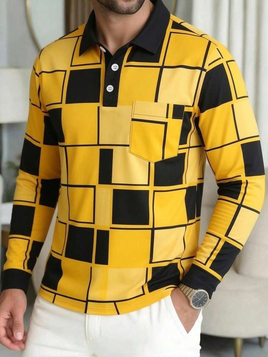 Men's Casual Pocket Long Sleeve Polo Shirt - Multicolor - View 1