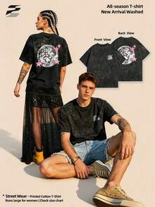 230g gewaschenes doppelseitig bedrucktes Kurzarm-Shirt, Rundhals, lockerer Schnitt, lässiges T-Shirt, weiches, leichtes, vielseitiges Basic-Oberteil für den Alltag - Schwarz - Übersicht 1