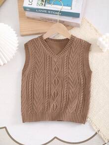 Boys' Preppy Solid Color Cable Knit Vest Sweater - Brown - View 2