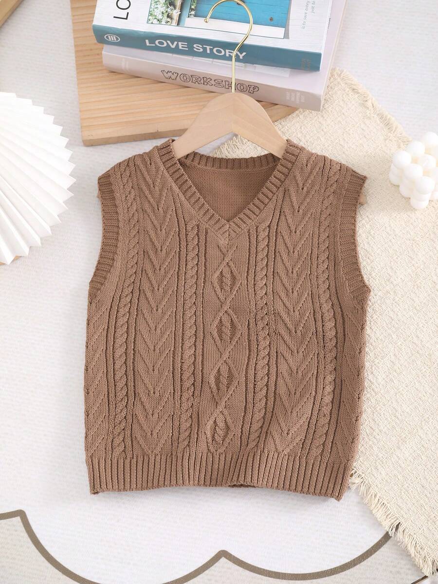 Boys' Preppy Solid Color Cable Knit Vest Sweater