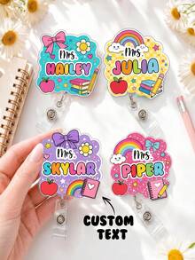 1pc Personalized Teacher Badge Reel, Custom Name Acrylic ID Holder, Cute Rainbow Badge Clip, Back To School Gift, Teacher Work Accessory,Work Name Tag - Multicolor - View 2