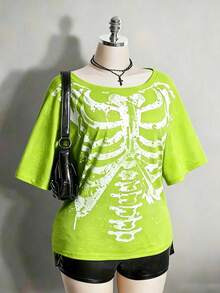 2026 Summer Collection,Retro Gothic Plus Tee: Distressed Skull & Rose, Y2K Punk Style, Sizes S-7XL, Ships 24H - Fluorescent Green - View 11