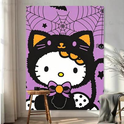 SANRIO 1pc Hello Kitty Halloween Theme Tapestry - Artistic Style Wall Decor. Perfect For Halloween Party Decoration, Living Room And Bedroom, Also A Unique Gift. Halloween Home Decor, Wall Hanging, This Banner-Style Home Decor Can Add A Unique Touch To Bedroom, Living Space And Party Scene, Creating A Fun And Whimsical Atmosphere.