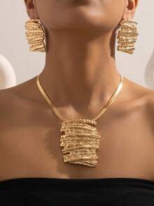 2 Sets Gold Layered Textured Pendant Earrings Set, Vintage Luxury Style, Snake Chain + Asymmetrical Metal Texture Large Earrings, Elegant Versatile Women's Accessories Suitable For Party, Runway, Commute And More - Yellow Gold - View 3