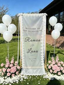 1pc Customized Lace Wedding Welcome Banner, Transparent Tulle Ceremony Banner, Romantic Reception Decor Bohemian Style Welcome Backdrop With Ribbon, Suitable For Wedding, Bridal Shower, Engagement And Birthday Celebration, Multiple Sizes In Stock - White Lace - View 5
