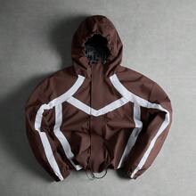 Functional Brown & White Stripe Patchwork Hooded Sports Jacket, Loose Casual Versatile Outdoor Coat - Brown - View 2