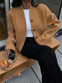 Women's Solid Color Double-Faced Wool Baseball Jacket, Elegant Lightweight Basic Casual Style Fall - Mocha Brown - View 5