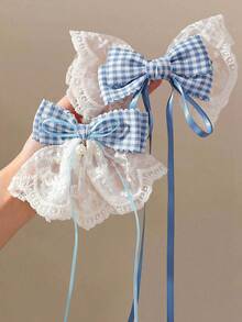 2pcs Girls Blue Fabric Double Layer Lace Plaid Rhinestone Pearl Bow Ribbon Hair Clips Hair Accessories Head Clips Back Clips Side Clips Alligator Hair Clips For Daily Use - Blue - View 5