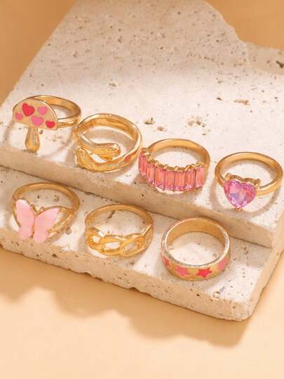 7pcs/Set Sweet Cool Pink Butterfly Mushroom Rhinestone Ring Set, Women's Rings For Daily, Vacation, Party Wear