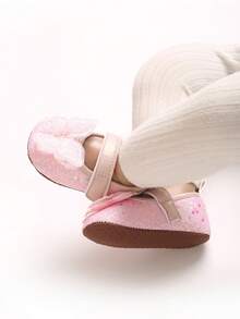 Pink Glitter Mesh Bow Infant Princess Mary Jane Shoes, Single Strap Hook & Loop, Non-Slip Soft Sole, Girl Toddler First Walker Shoes - Pink - View 8