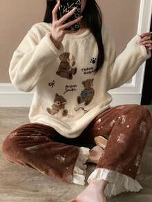 2pcs/Set Women's Crew Neck Loungewear Cute Cartoon Bear Pattern Lace Trim Winter Flannel Long Sleeve Long Pants Pajama Set - Apricot - View 7