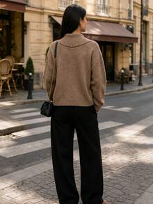 Women's Solid Color Knit Cardigan, Button Collar, Front Button Closure, Long Sleeve Top, Pocket Design, Casual Vintage Preppy Style, Suitable For Autumn And Winter Wear - Khaki - View 3