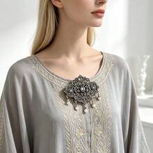 1pc Vintage Grey Rhinestone Turkish Brooch For Women, Suitable For Muslim Hijab, Collar, Wedding Bride Decoration, Antique Gold Alloy Brooch Jewelry - Turkish Brooch - View 2