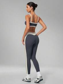 Bộ đồ tập yoga nữ MFVIM gồm áo bra phối màu và quần yoga cạp cao nâng mông, tôn dáng, dài đến mắt cá chân - Xám chì - Xem 6