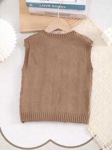Boys' Preppy Solid Color Cable Knit Vest Sweater - Brown - View 7