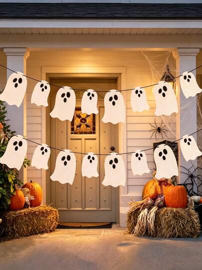 16 piezas Banderines de Fantasma con Brillo Blanco para Halloween, Decoración Colgante Aterradora para Paredes de Casa Embrujada, Porche, Chimenea, Suministros para Fiesta de Halloween en Casa Interior y Exterior