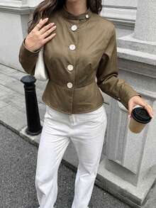 French Old Money Style Cinched Waist Cropped Jacket, Stand Collar Single-Breasted Slim Fit Commuter Versatile Jacket For Autumn/Winter - Khaki - View 3