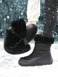 麂皮領側拉鍊雪地靴，防水羽絨布料，加厚抓絨內裡，厚底增高防寒中筒靴 - 黑色 - 查看 2