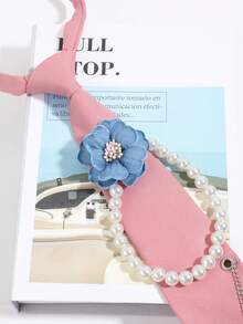 1PC Women's Pink & Blue Contrast Color Tie-Free Collar Necklace, Blue Camellia Pearl Chain Silver Chain Decor, JK School Style Shirt Accessory - Pink Pearl Chain - View 4