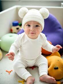 3pcs/Set Baby & Toddler Knitted Double Pom Earflap Hats, Thin Warm, Solid Color Versatile, Suitable For Spring, Autumn, Winter - Multicolor - View 2