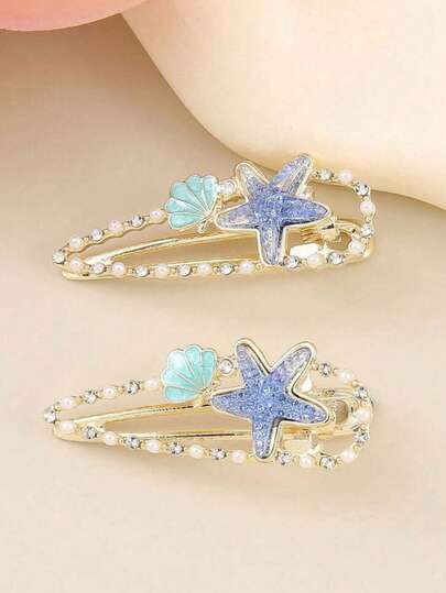 2Pcs/1pc Ocean Starfish Shell Rhinestone Pearl Hair Barrettes, Summer Beach Metal Snap Hair Clips, Women Vacation Side Hair Accessories
