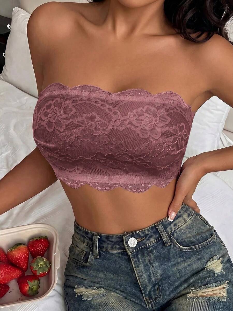 Women's Strapless Lace Backless Bandeau Bra, Medium Elasticity, Casual Comfortable Wire-Free Invisible Bra, Non-Slip Comfortable Daily Wear, Suitable For Wedding Dress - Dusty Purple - View 1