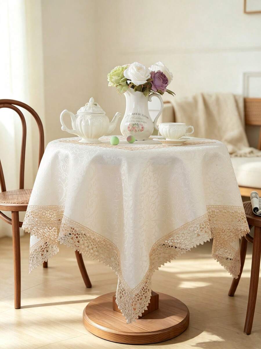 1 Piece Jacquard Fabric Spliced Hollow Lace Tablecloth, Retro Elegant Square & Rectangular Table Cover, Washable Table Cloth For Coffee Table Dining Table Home Wedding Party Decoration - Beige - View 1