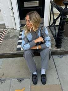 MORI Cardigan Wanita Musim Gugur/Musim Dingin Y2K Abu-abu Biru Lembut Pola Argyle Leher Bulat Lengan Panjang Sweater Rajut Atasan Cardigan Gaya Streetwear Estetik - MultiWarna - View 3