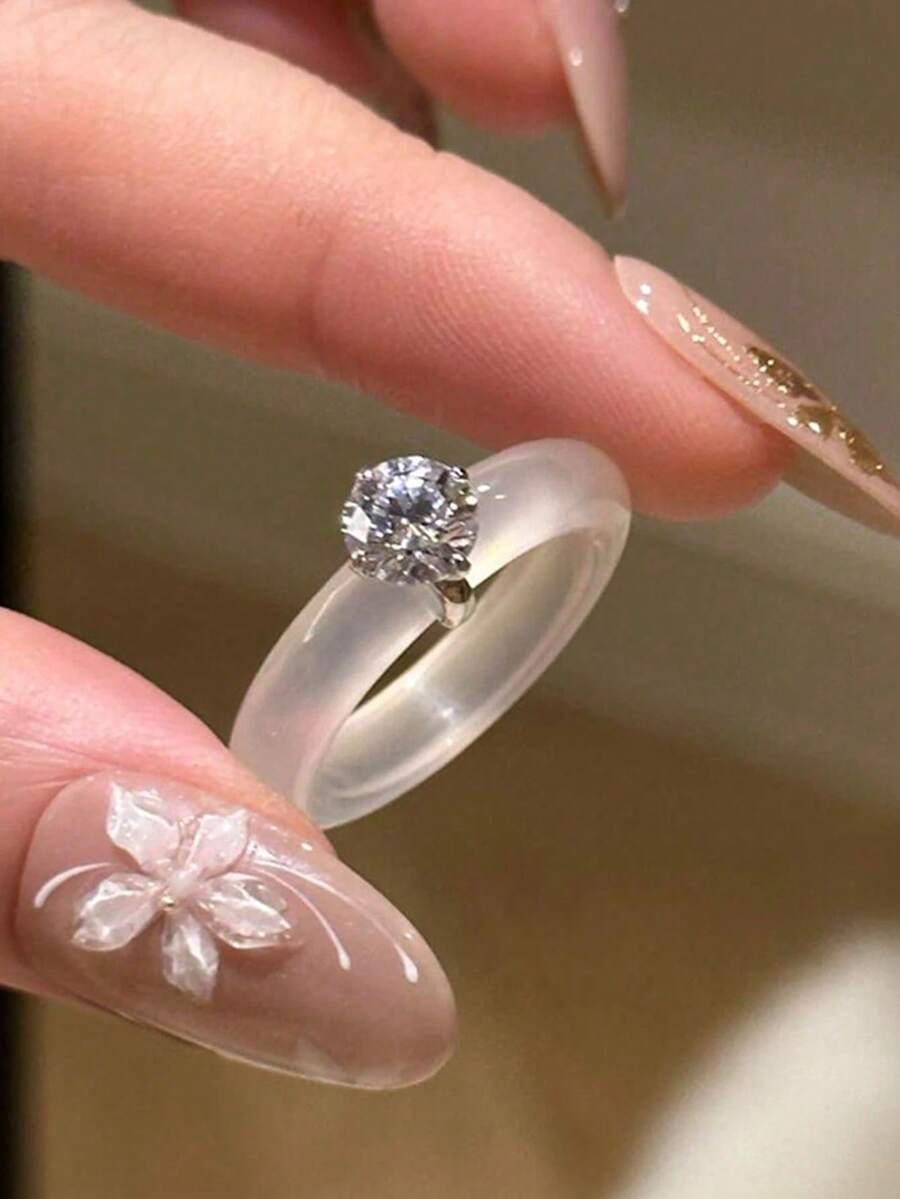 rundraw 1pc New Chinese Style Simple Band Transparent Stone Minimalist Diamond Ring, Elegant Oriental Aesthetic - Multicolor - View 1