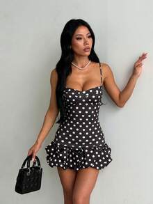 Women's Summer Polka Dot Spaghetti Strap Mini Dress, Designer Style, Party, Evening, Back To School - Black - View 3