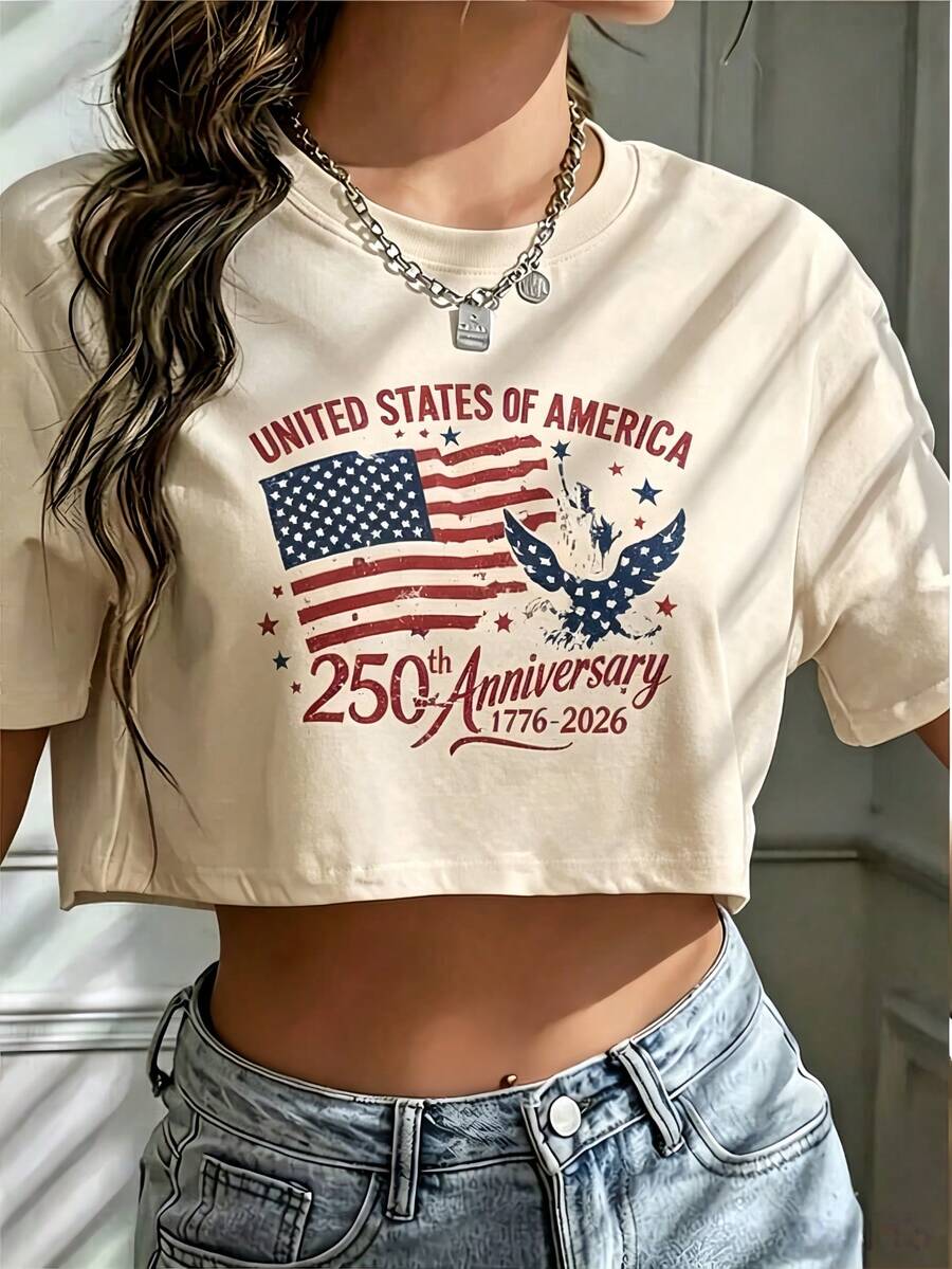 USA 250th Anniversary Commemorative Print Women's Inspired T-Shirt Y2K Short Round Neck Top - Lightweight Spring/Summer Casual Holiday Fantasy Print - 杏色 - 查看 1