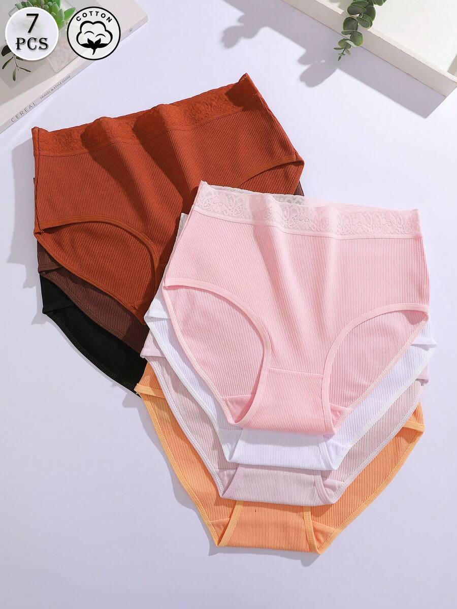 FINETOO 7pcs Lace Waistband Ribbed Cotton Women's Panties, High Waist Skin-Friendly Multi-Color Assorted Triangle Briefs - Multicolor - View 1