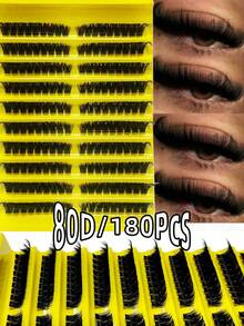 180 Pcs Fluffy D Curl Cat Eye Lashes, 80D DIY Eyelash Clusters, Dense And Natural, Long-Lasting And Durable, Ultra-Light And Soft, Reusable, Suitable For Beginners, Daily Life, Parties, Travel, Music Festivals, Etc. Eyelash Clusters, DIY At Home - D - View 2