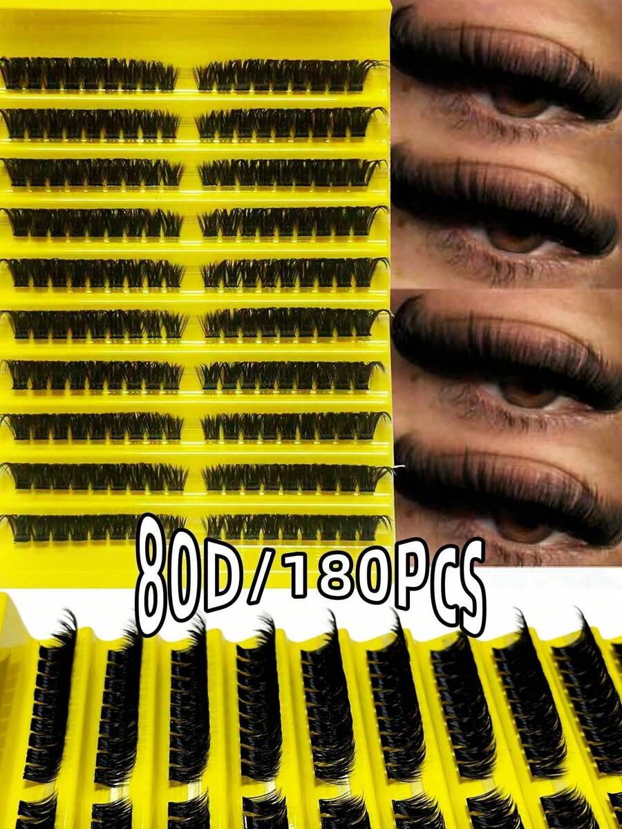 180 Pcs Fluffy D Curl Cat Eye Lashes, 80D DIY Eyelash Clusters, Dense And Natural, Long-Lasting And Durable, Ultra-Light And Soft, Reusable, Suitable For Beginners, Daily Life, Parties, Travel, Music Festivals, Etc. Eyelash Clusters, DIY At Home