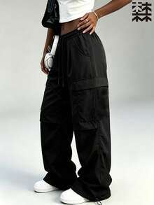 mulinsen Women's Street Style Cargo Pants, Elastic Waist Drawstring Multi-Pocket Black Long Pants - Black - View 4