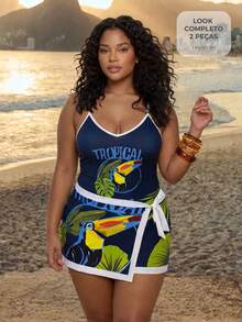 CAJUNI Plus Size Women's 2pcs Tropical Print Deep V One-Piece Swimsuit With Matching Short Printed Wrap Skirt, Beach Holiday Vacation Summer - Multicolor - View 1