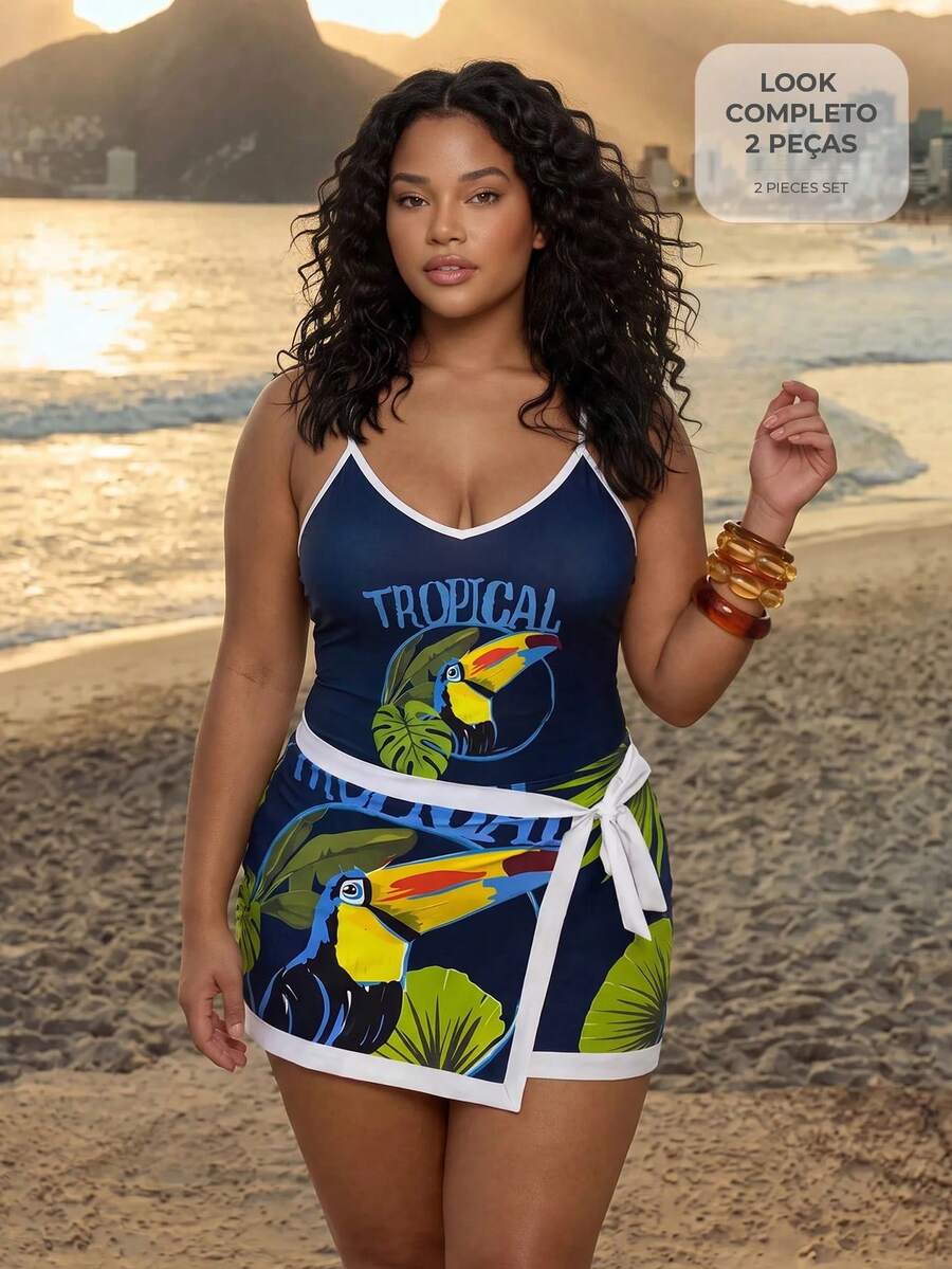 CAJUNI Plus Size Women's 2pcs Tropical Print Deep V One-Piece Swimsuit With Matching Short Printed Wrap Skirt, Beach Holiday Vacation Summer - Multicolor - View 1