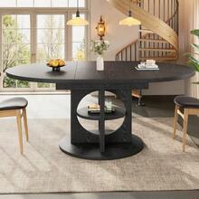 Extendable Dining Table With Storage, 110–150 Cm, Wood/Black Finish, Max Load 60 Kg, Round To Oval - 黑色 - 查看 4