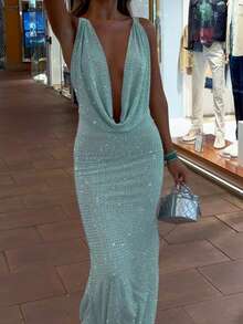 DOUCIU Women's Sexy Spaghetti Strap Sleeveless Backless Deep V-Neck Knit Fabric Slim Fit Maxi Dress - Blue - View 2