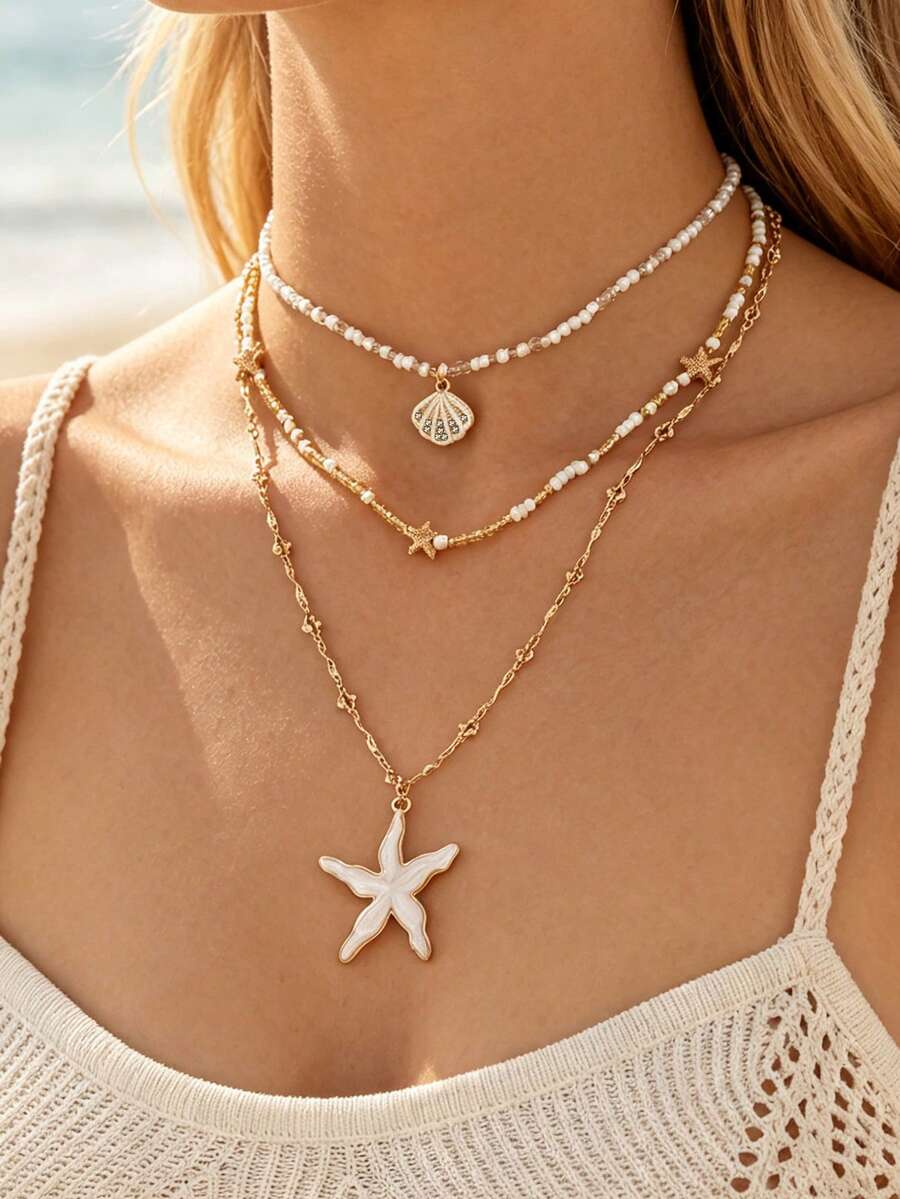 3件組海洋三層項鍊 時尚白金米珠海星貝殼白色油滴吊墜裝飾 金色女款頸飾 適合日常穿著、夏季度假、約會、派對、音樂節,米珠尺寸、顏色與數量隨機不固定 - 彩色 - 查看 1