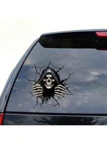5pcs/Pack 2D Flat Halloween Skull Car Stickers, Scary Skull Car Decals, Peeking Skull Stickers From Cracks, PVC Self-Adhesive, Suitable For Cars, Portable, Walls, Toilets, Glass And Other Decorative Stickers, Halloween Holiday Party Stickers - Multicolor - View 8