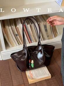 1pc Solid Color Glossy PU Fabric Shoulder Bag Women's Vintage Fashion Large Capacity Tote Bag With Strap Decor Magnetic Closure Handbag Double Handle Design Snap Closure Suitable For Travel, Shopping, Dating, Women's Gift, Suitable For Teenage Girls, College Students, Beginners And White Collar Workers, Perfect For Office, College, Work, Business, Commuting, Outdoor, Travel, Outing (Sold With Pendant) - Coffee - View 5
