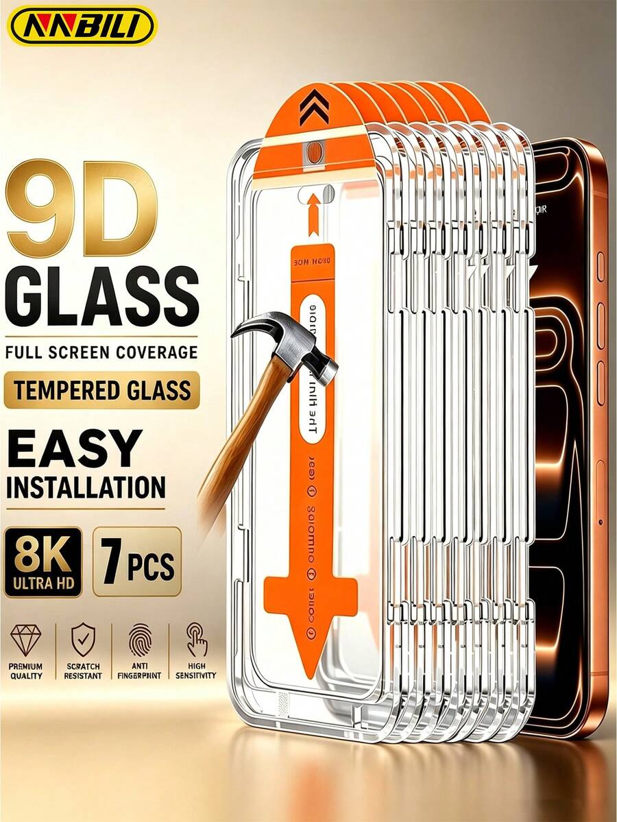 NNBILI 7Pcs 9H High Definition Transparent Full Screen Tempered Glass Screen Protector With Auto-Alignment Installation Tool, Dust-Free, Bubble-Free, Anti-Fingerprint, Anti-Drop, Anti-Shatter, Compatible With IPhone 18/18 Pro/18 Pro Max/17/17Pro/17Pro Max/17Air/16/15/14/13/12/11/X/XS/XR/XS Max Full Series