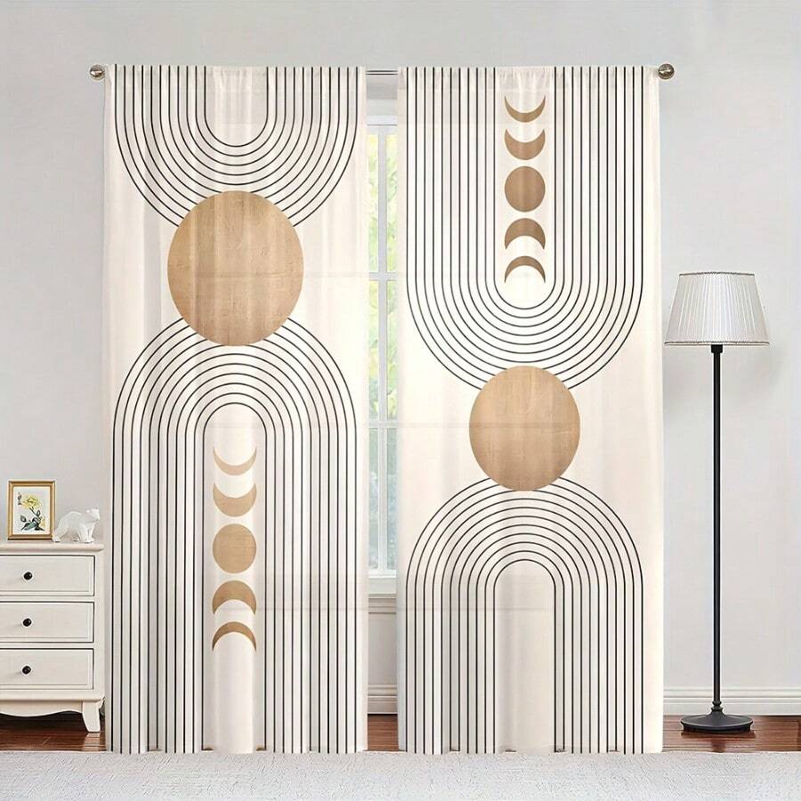 2pcs Modern Geometric Print Curtains, Rod Pocket Design, Suitable For Bedroom, Living Room, Study, Studio, Enhances Space Texture, Protects Privacy, All Season Use, Multiple Sizes Available, Good Light Transmission, 2D Flat Print, 90gsm - Multicolor - View 1