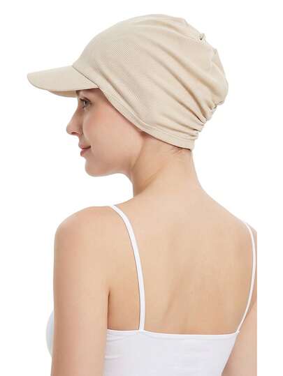 CONFLASS Back To School Women Ribbed Slouchy Turban Hat With Visor, Stretch Lightweight Muslim Hijab Undercap, Solid Color Sun Protection Student Headwear