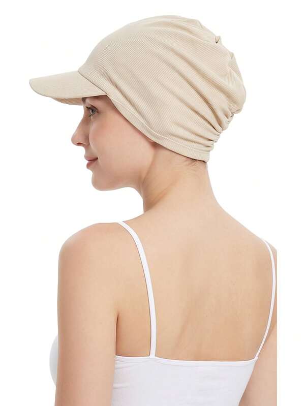 CONFLASS Women's Ribbed Loose Turban Hat With Brim, Elastic Lightweight Muslim Hijab Inner Cap, Solid Color Sun Protection Student Headwear