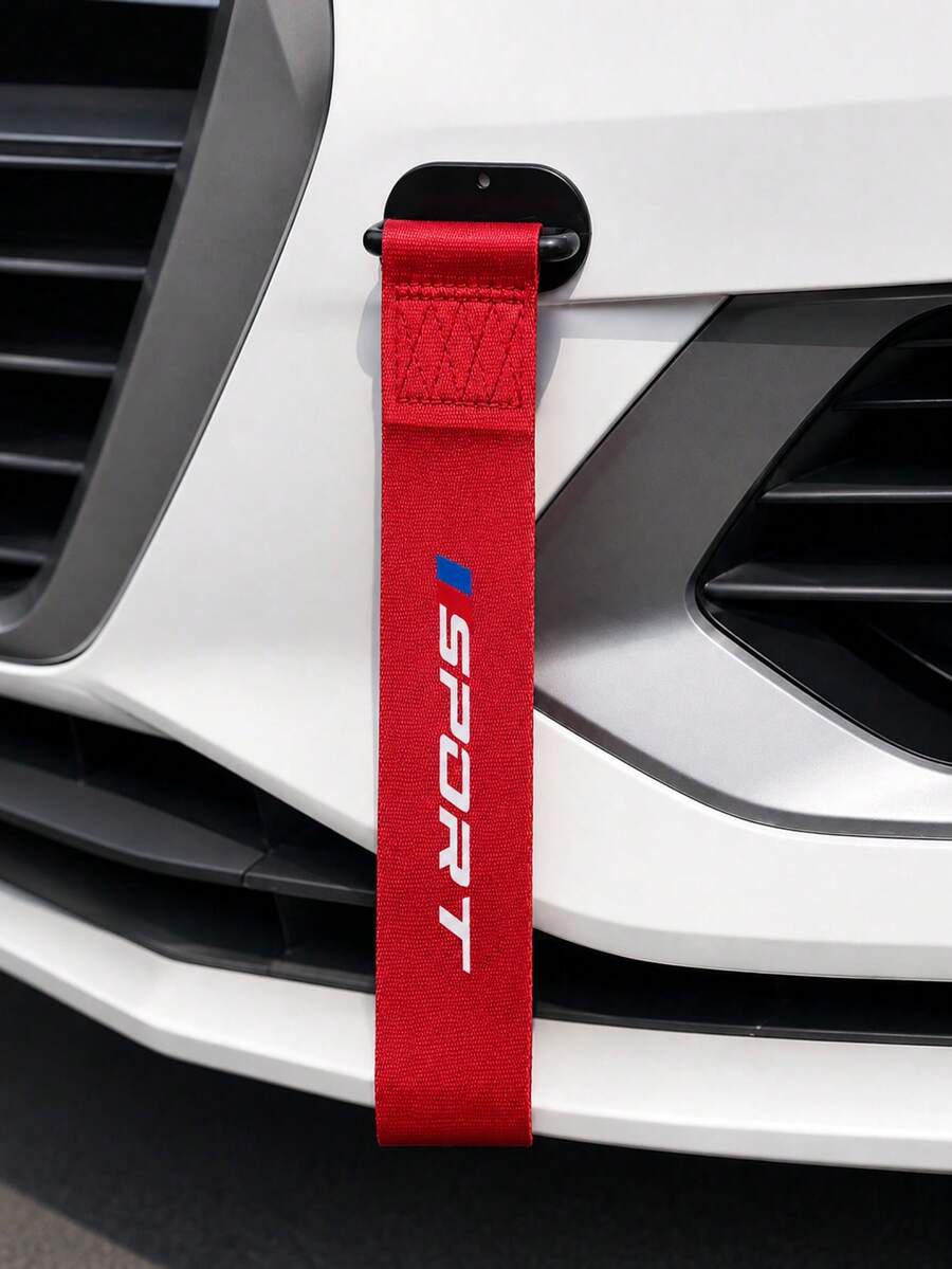1pc Universal Car Sport Style Tow Strap Decor - High-Strength Nylon Webbing, "SPORT" Print Design, Easy Installation, Suitable For Most Car Front Bumper Grilles, Eye-Catching Appearance Modification Accessory, Black And Red Available