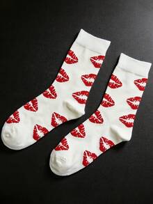 5 Pairs Women's Mid-Calf Socks With Lip Print Pattern, Elastic Design, Creative Fashionable Personalized, Thin Breathable Comfortable Moisture-Wicking Socks, Sports Casual Street Style Preppy Elegant Long Socks, Suitable For Daily Wear, Holiday Gifts, Party - Multicolor - View 10