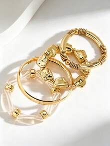 Set Gelang Minimalis 4 Buah dari Baja Titanium yang Dapat Ditumpuk, Set Gelang Manset Terbuka yang Dapat Diatur dari Resin Transparan dengan Manik-Manik Spiral Persegi Bertekstur Asimetris Perak Mengkilap, Hadiah untuknya - MultiWarna - View 7